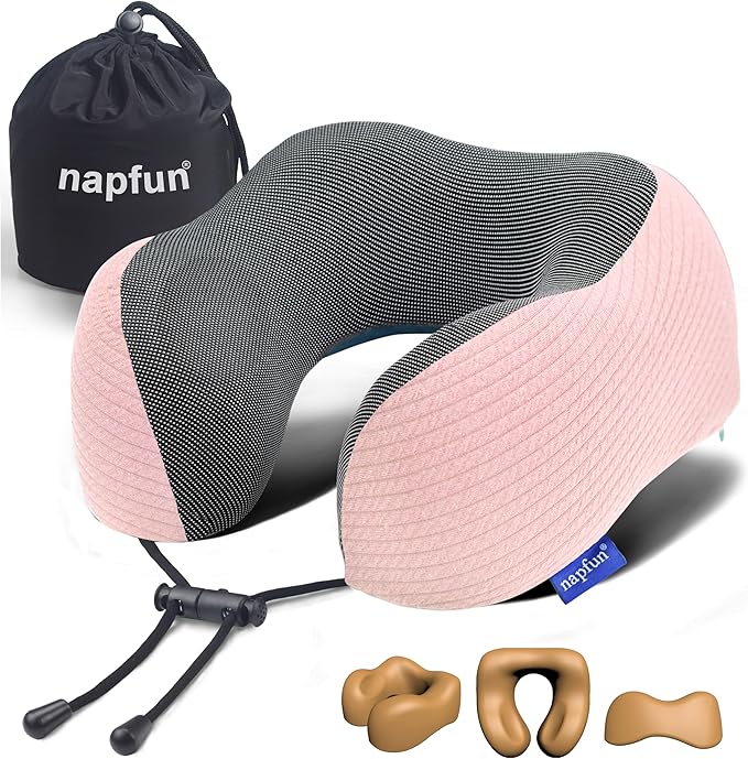 napfun Neck Pillow for Traveling, Upgraded Travel Neck Pillow for Airplane 100% Pure Memory Foam Travel Pillow for Flight Headrest Sleep, Portable Plane Accessories, Pink