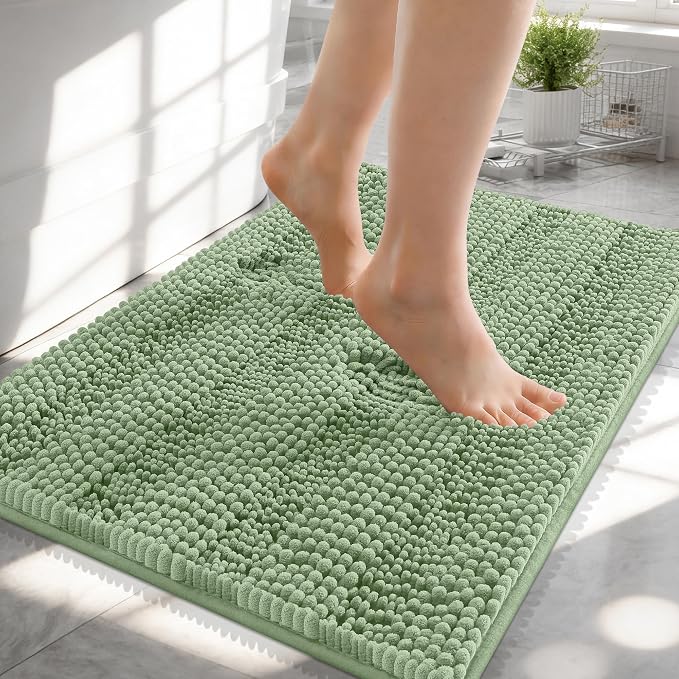 OLANLY Thick Small Bathroom Rugs 24x16, Extra Soft Absorbent Chenille Striped Bath Rugs, Rubber Backing, Machine Wash, Bath Mats for Bathroom Floor, Tub and Shower, Home Decor Accessories, Sage Green