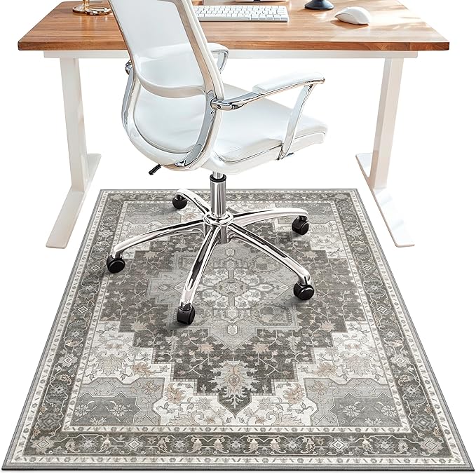 48"x72" Office Chair Mat for Hardwood Tile Floor, Under Desk Carpet Protector for Rolling Computer Chair Mat, Machine Washable Area Rug, Anti-Slip 1/5" Thick Low Pile Thin Vinyl Floor Mat, Tawny Grey