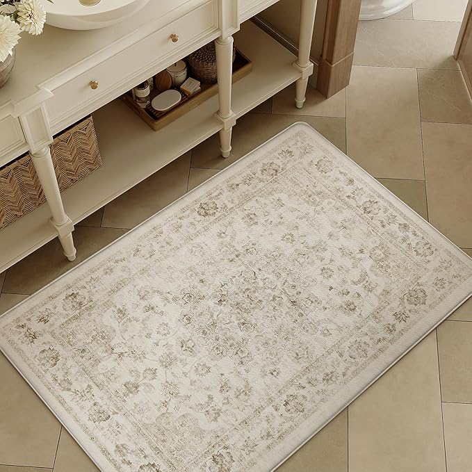 Anti Fatigue Kitchen Mats 2PCS Beige Neutral Mats for Cushioned Vintage Kitchen Matss for Floor Non-Slip Waterproof Comfort Standing Rug for Sink Laundry Office 17.3"×59"+17.3"×30"