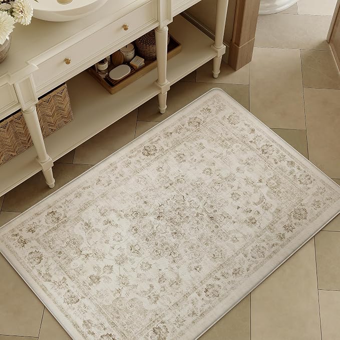 Anti Fatigue Kitchen Mats 2PCS Beige Neutral Mats for Cushioned Vintage Kitchen Matss for Floor Non-Slip Waterproof Comfort Standing Rug for Sink Laundry Office 17.3"×47"+17.3"×30"