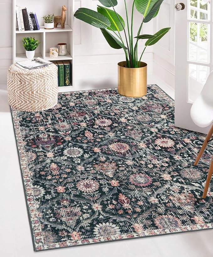 Lahome Moroccan Trellis Washable Small Area Rug, 3x5 Black Rug for Bedroom Living Room, Non-Slip Oriental Throw Carpet for Kitchen Office Entryway Bathroom Office Elise, Black/Multi