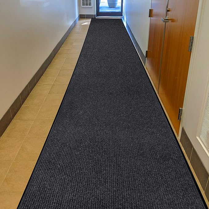 Durable Rubber Door Mat - Heavy Duty, Indoor/Outdoor, Easy Clean, Waterproof, Low-Profile Mat for Entry, Patio, Garage - Stylish (Charcoal, 16' x 3' (Mud Trapper))