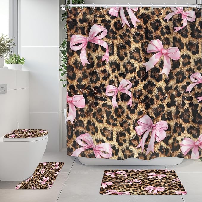 4 PCS Leopard Print Bow Shower Curtain Set 72Wx72H,Toilet Lid Cover,Non-Slip Rugs and U-Shaped Mat,Girly Pink Cheetah Bathroom Sets with Rugs Shower Accessories 12 Hooks for Bathroom Decor