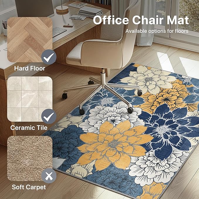 36"x48" Office Chair Mat for Hardwood Tile Floor, Under Desk Carpet Protector for Rolling Computer Chair Mat, Machine Washable Area Rug, Anti-Slip 1/5" Thick Low Pile Thin Vinyl Floor Mat, Navy Yellow