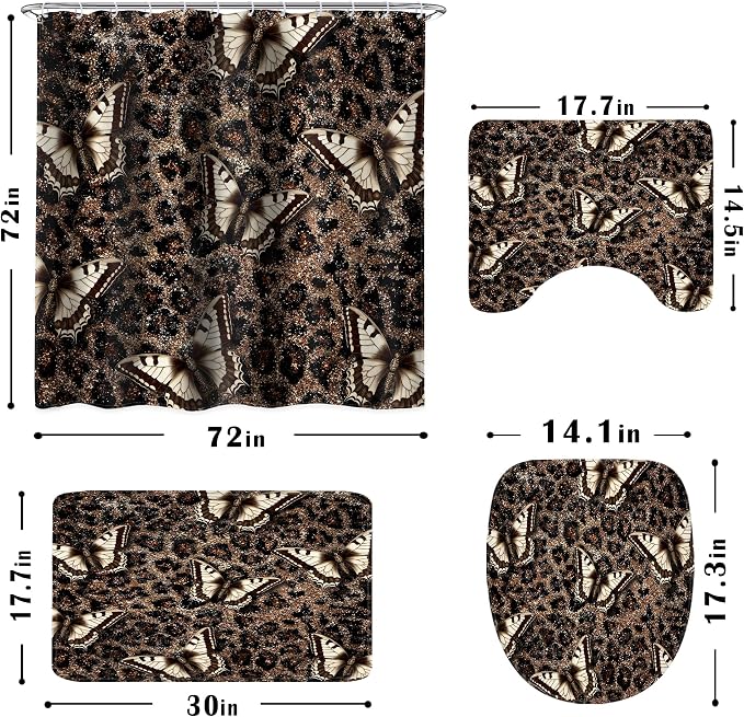 4 PCS Vintage Leopard Print Shower Curtain Set 72Wx72H,Toilet Lid Cover,Non-Slip Rugs and U-Shaped Mat,Butterfly Bathroom Sets with Rugs Shower Accessories 12 Hooks for Bathroom Decor