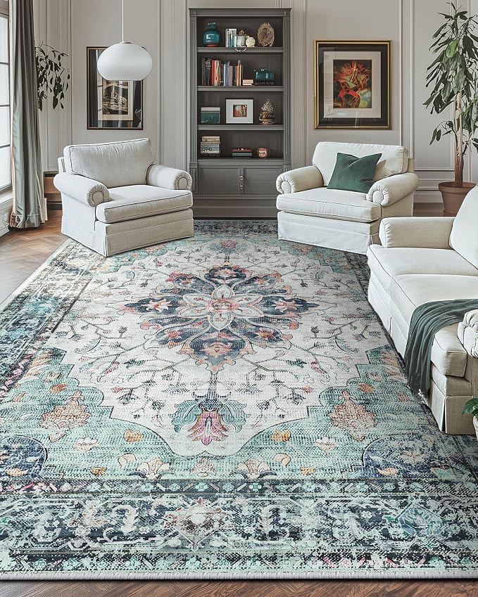 RELEANY Area Rugs Large 10'x14' Washable Non-Slip, Floral Vintage Distress Medallion Carpet for Living Room Bedroom Dining Room, Green Navy Blue White Red Teal