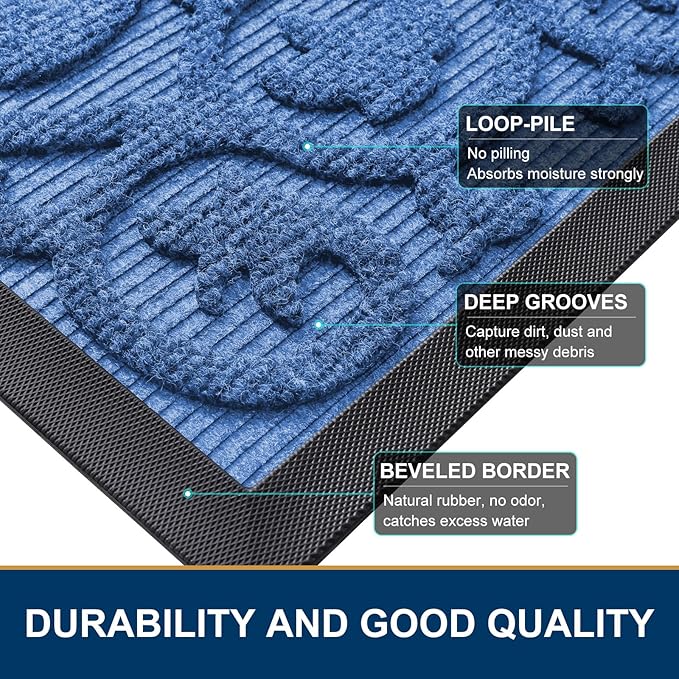 Smiry Welcome Door Mat Outside Entrance, Heavy Duty Trap Dirt and Moisture Easy Clean Low Profile Patio Porch Indoor Outdoor Front Doormat for Entry, 35x23 Inch, Blue