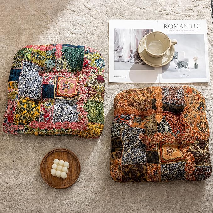 vctops Boho Paisley Chair Cushions with Ties Patchwork U-Shaped Soft Cozy Cotton Linen Chair Pads Non Slip Seat Cushions for Indoor Dining Room and Kitchen Chairs (Tan,18"x18")