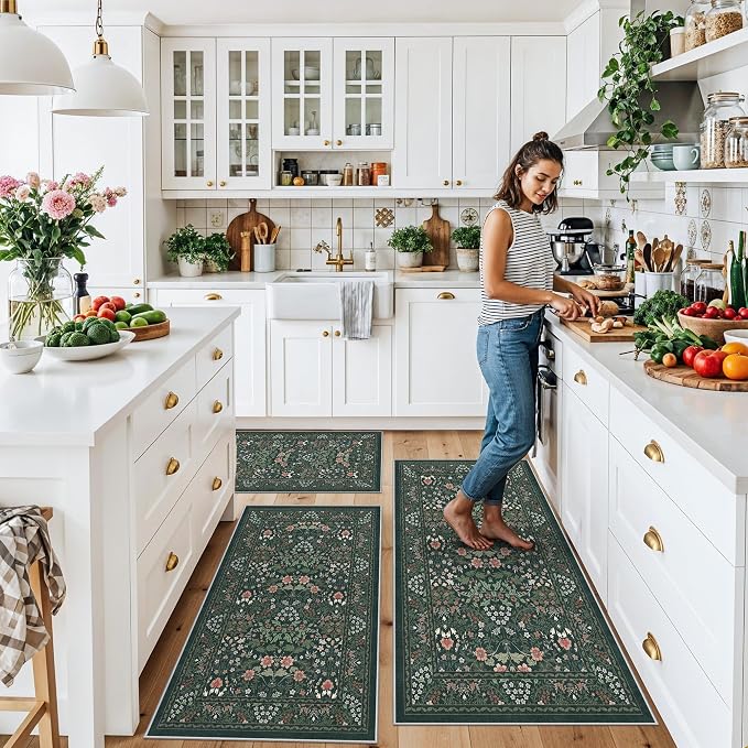 3 Piece Kitchen Rug Set, Washable Non-Slip Kitchen Mats for Hardwood Floor, Boho Farmhouse Kitchen Runner Rug for Sink,Entryway & Hallway & Bathroom (Dark Green, 2x3+2x4+2x5)