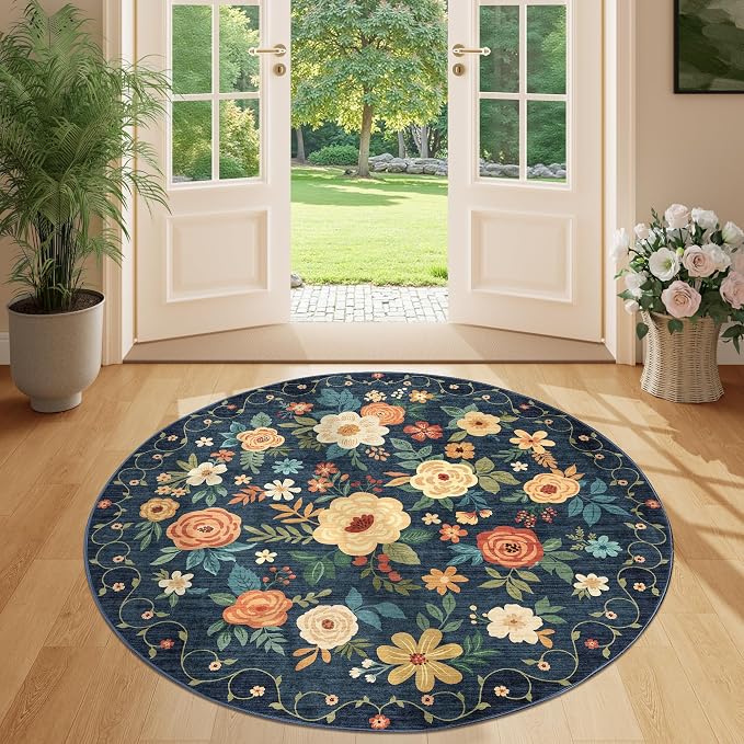 DUKINO Floral Round Rug, 4ft Washable Circle Rug, Non Slip Indoor Low Pile Circle Rug, Soft Small Boho Design Carpet for Bedroom, Entryway, Living Room, Dining Room, Dark Blue