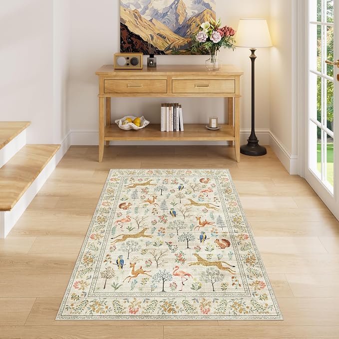 DUKINO 3x4 Washable Entryway Rug, Vintage Animal Ultra Soft Kitchen Area Rug with Non Slip Backing, Low Pile & Stain Resistant Indoor Door Mat for Bathroom, Bedroom, Laundry Room, Office, Beige