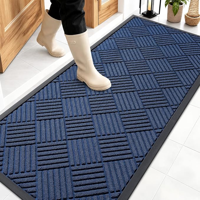 OLANLY Front Door Mat Outside Entrance 59x23, Absorbent, Heavy Duty Sturdy Natural Rubber Doormat Indoor Outdoor, Stain Fade Resistant, Non-Slip Low Profile Floor Mat for Entryway, Navy Blue Diamond