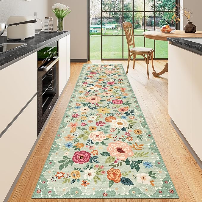 DUKINO Runner Rug for Hallway, 2.6x10 Washable Floral Long Kitchen Rug with Non Slip Backing, Boho Lightweight & Stain Resistant Soft Runners for Indoor Entrance, Laundry, Living Room, Bedroom, Green
