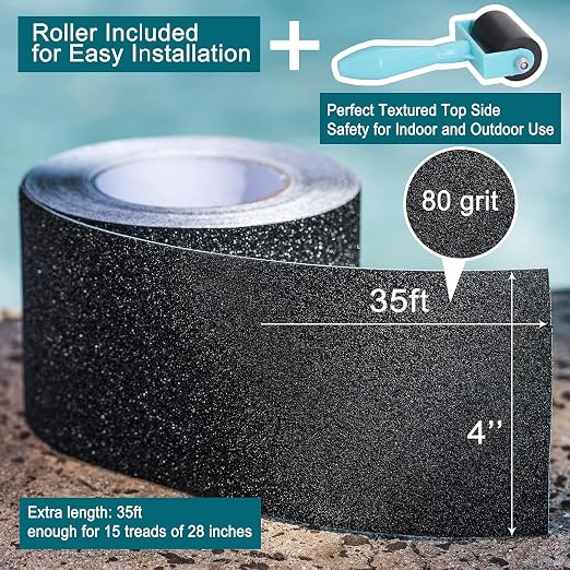 Anti Slip Tape, 4 Inch x 35 Ft Grip Tape for Stairs Outdoor/Indoor, Waterproof Non Skid Roll for Stair Treads Non Slip, High Traction Friction Abrasive Adhesive Stair Steps - Black