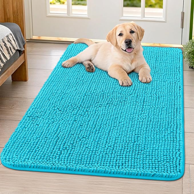 Smiry Dog Door Mat for Muddy Paws 40x32, Absorbent Dirt Trapper, Non-Slip Washable Chenille Entryway Rug for Inside Floor, Aqua Blue, Classic Solid