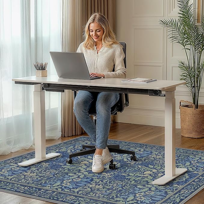 48"x72" Office Chair Mat for Hardwood Tile Floor, Under Desk Carpet Protector for Rolling Computer Chair Mat, Machine Washable Area Rug, Anti-Slip 1/5" Thick Low Pile Thin Vinyl Floor Mat, Dark Blue