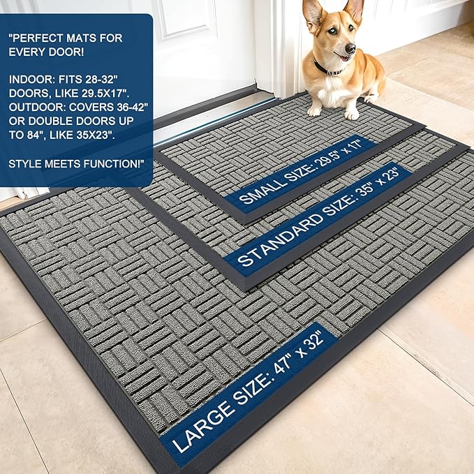 OLANLY Front Door Mat Outside Entrance 29.5x17, Absorbent, Heavy Duty Sturdy Natural Rubber Doormat Indoor Outdoor, Non-Slip, Stain and Fade Resistant, Low Profile Floor Mat for Entryway, Modern Gray
