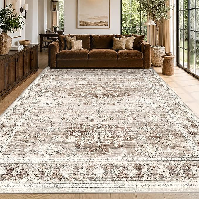 Washable Farmhouse Living Room Rug, 9x12 Area Rugs for Bedroom, Dining Room Under Table Carpet, Kids Room, Large Boho Vintage Non-Slip Floral Rugs Low Pile Stain Resistant (9x12 Beige/Latte)