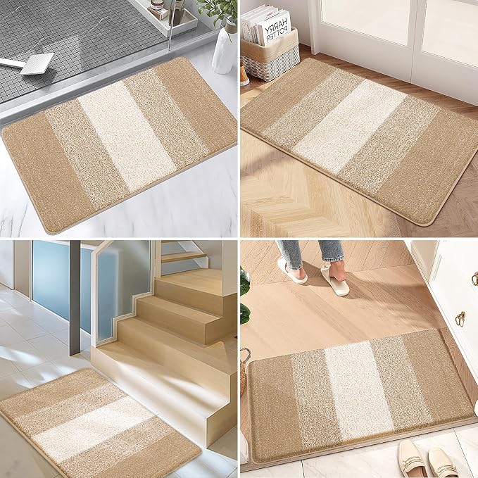 Kitinjoy Indoor Outdoor Door Mat, 70x35 Non-Slip Absorbent Dirt Trapper, Low-Profile Washable Inside Entrance Front Floor Mat, Sturdy Soft Entry Doormats for Entryway, Beige