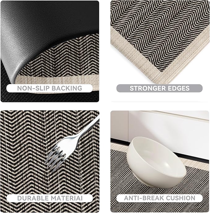 Black Vintage Boho Elegance Kitchen Rug Sets [2 PCs], Anti-Fatigue, Waterproof Non-Slip Kitchen Mats Heavy Duty Comfort Foam Rug for Kitchen, Floor, Laundry,17"x29"+17"x47"