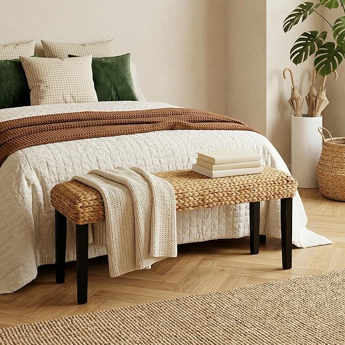 Entryway Bench with Solid Wood Acacia, 47" End of Bed Bench for Bedroom, Water Hyacinth Indoor Bench Seat, Boho Woven Bench for Living Room, Wicker Bench for Hallway or Kitchen, Wood Bench (Black Leg)