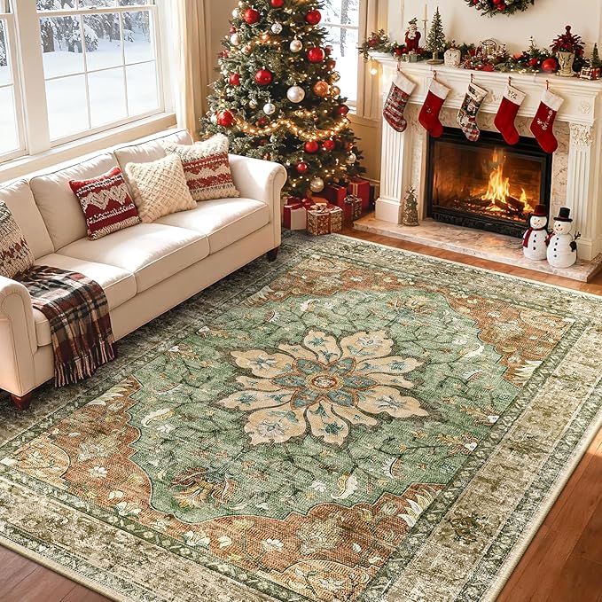RELEANY Area Rugs 7'x9' Washable Non-Slip, Floral Vintage Distress Medallion Carpet for Living Room Bedroom Dining Room, Terracotta Burnt Orange Green
