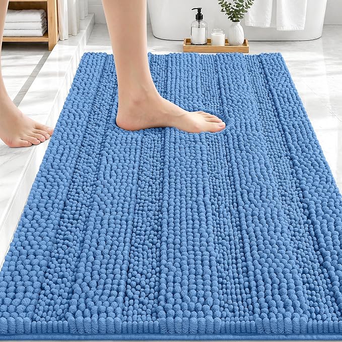 OLANLY Thick Bathroom Rugs 30x20, Extra Soft Absorbent Chenille Striped Bath Rugs, Rubber Backing, Machine Wash, Bath Mats for Bathroom Floor, Tub and Shower, Home Decor Accessories, Cornflower Blue