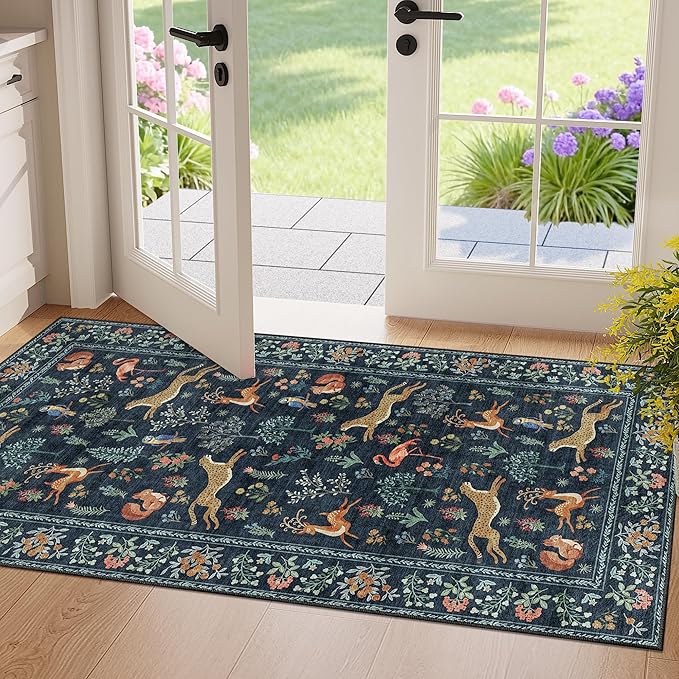 DUKINO 2x4 Rug for Hallway, Washable Kitchen Runner Rug with Non Slip Backing, Soft Low Pile Vintage Animal Runner for Bedroom, Kitchen, Hallway, Entryway, Laundry, Navy Blue
