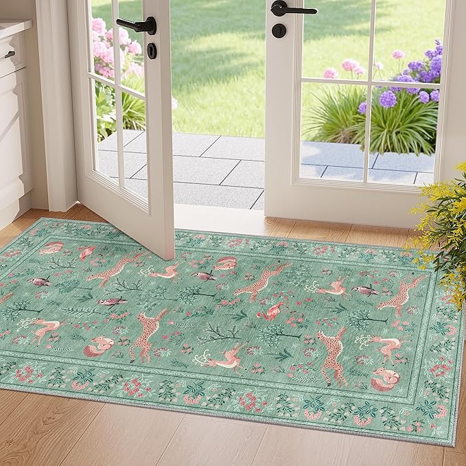DUKINO 2x4 Rug for Hallway, Washable Kitchen Runner Rug with Non Slip Backing, Soft Low Pile Vintage Animal Runner for Bedroom, Kitchen, Hallway, Entryway, Laundry, Teal