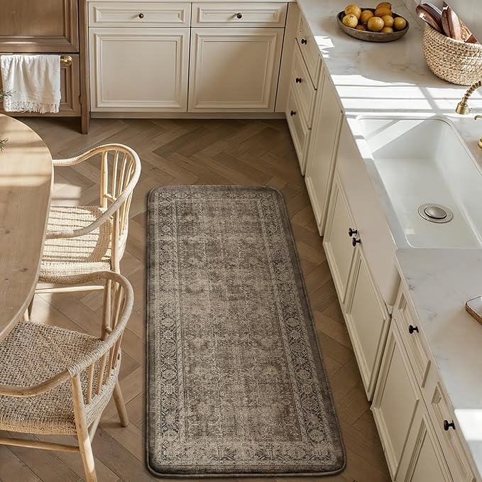 PureCozy Kitchen Mats for Floor Anti Fatigue Cushioned Brown Vintage Kitchen Mats Waterproof Non Slip Comfort Standing Distressed Runner Rug for Sink Laundry Office Bathroom 17.3"x47"