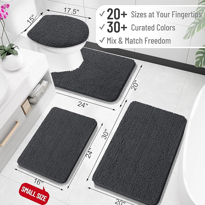 OLANLY Small Bathroom Rugs 24x16, Extra Soft Absorbent Chenille Bath Rugs, Rubber Backing Quick Dry, Machine Washable Bath Mats for Bathroom Floor, Tub and Shower, Home Decor Accessories, Dark Grey