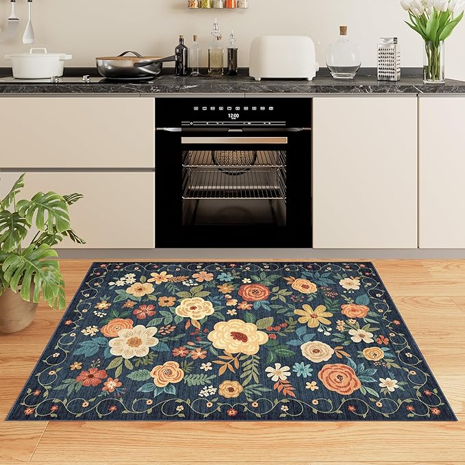 DUKINO 3x5 Area Rug, Floral Rugs for Living Room, Lightweight Non Slip Washable Rug, Indoor Low Pile & Non-Shedding Boho Design Rugs for Bedroom, Living Room, Dining Room, Dark Blue