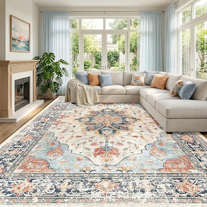 RELEANY Area Rugs Large 9'x12' Washable Non-Slip, Floral Vintage Distress Medallion Carpet for Living Room Bedroom Dining Room, Beige Navy Blue Orange Colorful