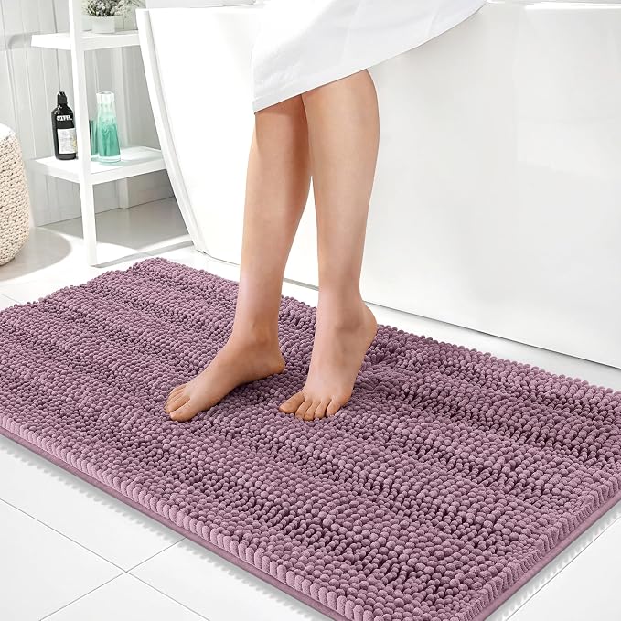 OLANLY Thick Bathroom Runner Rugs 44x24, Extra Absorbent Chenille Striped Bath Rugs, Rubber Backing, Machine Wash Dry, Long Bath Mats for Bathroom, Tub and Shower, Home Decor Accessories, Deep Plum