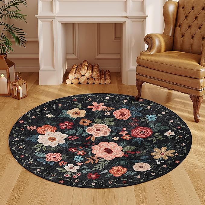 DUKINO Floral Round Rug, 4ft Washable Round Area Rug, Non Slip Indoor Low Pile Circle Rug, Soft Small Boho Design Circle Rug for Bedroom, Entryway, Living Room, Dining Room,Black