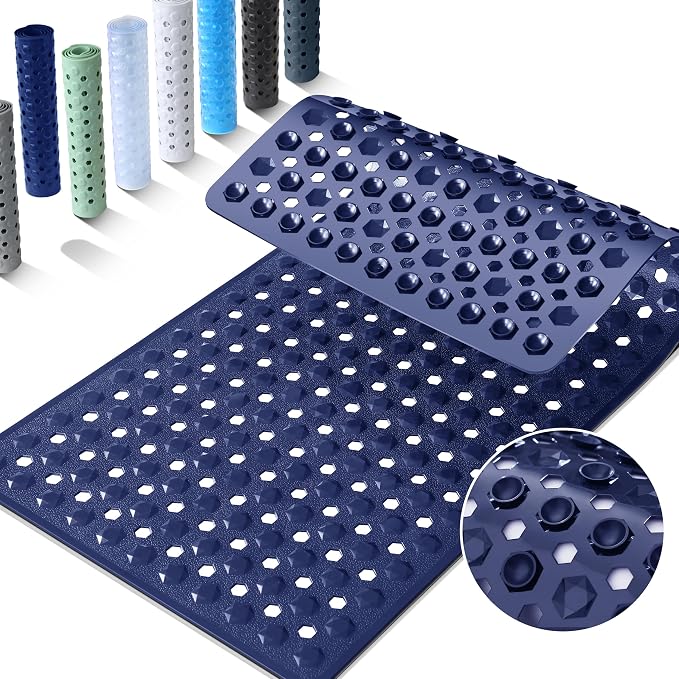 Yimobra Bathtub Mat Non Slip, 34.5"X15.5" Long Shower Mat for Inside Shower, Machine Washable Bath Mat with Drain Holes & Strong Suction Cups, Soft on Feet, Bathroom Essentials, Dark Blue