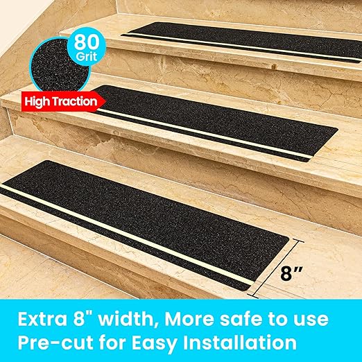 LifeGrip Anti Slip Traction Treads 10-Pack, 8" X 32" with Glow in Dark Stripe, Best Grip Tape Grit Non Slip, Outdoor Non Skid Tape, High Traction Friction Abrasive Adhesive for Stairs Step