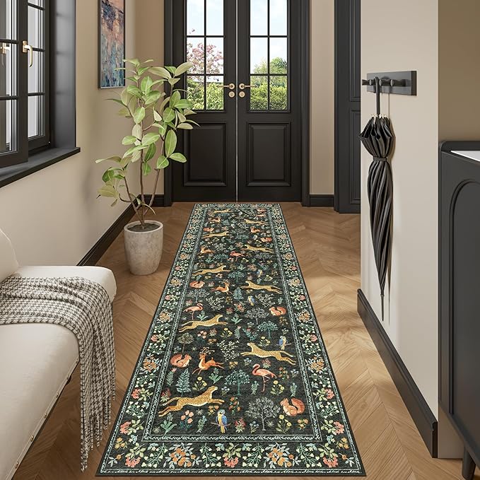DUKINO 2x12 Washable Runner Rug, Ultra Soft Vintage Animal Runner Rug for Hallway, Lightweight Non Slip & Non Shedding Indoor Long Carpet for Kitchen, Laundry Room, Bathroom, Bedroom, Entrance, Black