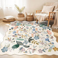 Floral Square Area Rugs for Family: Washable 5x5 Scalloped Carpet for Living Room Bedroom Soft Water Resistant Floor Mat with Non Slip Backing for Kitchen Nursery Dorms Farmhouse Home Decor(5x5,Cream)