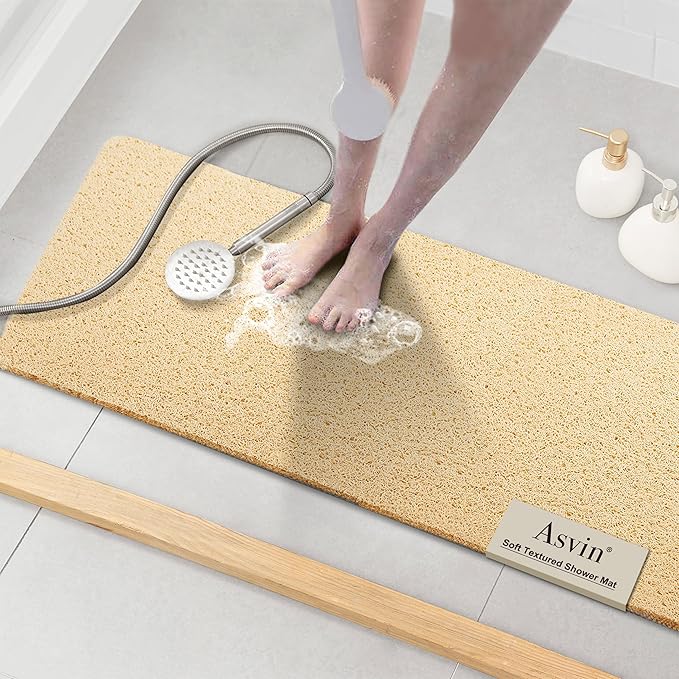 Asvin Soft Textured Bath, Shower, Tub Mat, 47x16 Inch, Phthalate Free, Non Slip Comfort Bathtub Mats with Drain, PVC Loofah Bathroom Mats for Wet Areas, Quick Drying