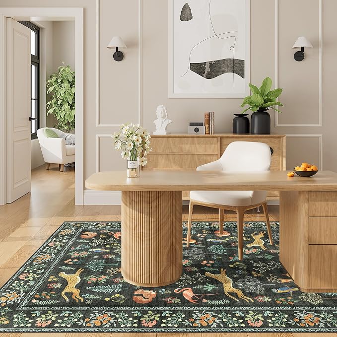 DUKINO 3x5 Rug, Washable Animal Area Rug with Non Slip Vintage Design, Indoor Soft Low Pile Carpet for Bedroom, Nursery, Dining Room, Farmhouse, Playroom, Black