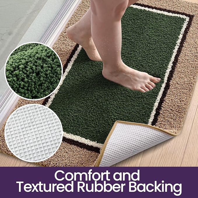 DEXI Bathroom Rugs 24x16, Absorbent Extra Soft Plush Microfiber Bath Mat for Bathroom, Non Slip Washable Bathmat Quick Dry for Shower Floor, Sink, Tub, Laundry Room, Beige and Green