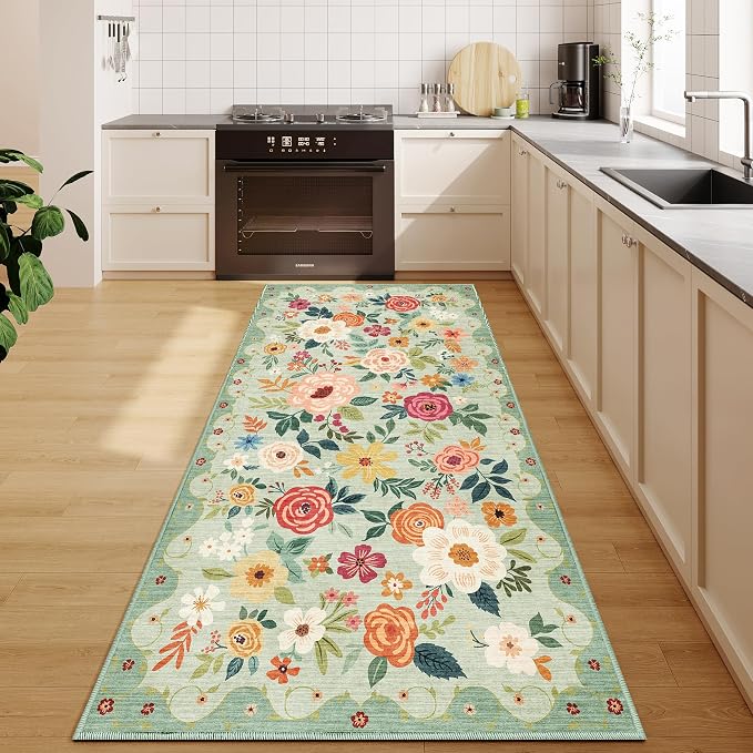 DUKINO 3x6 Runner Rug, Washable Soft Floral Hallway Runner Rug with Non Slip, Low Pile Thin Floor Carpet for Kitchen, Bathroom, Entryway, Laundry, Entryway, Green