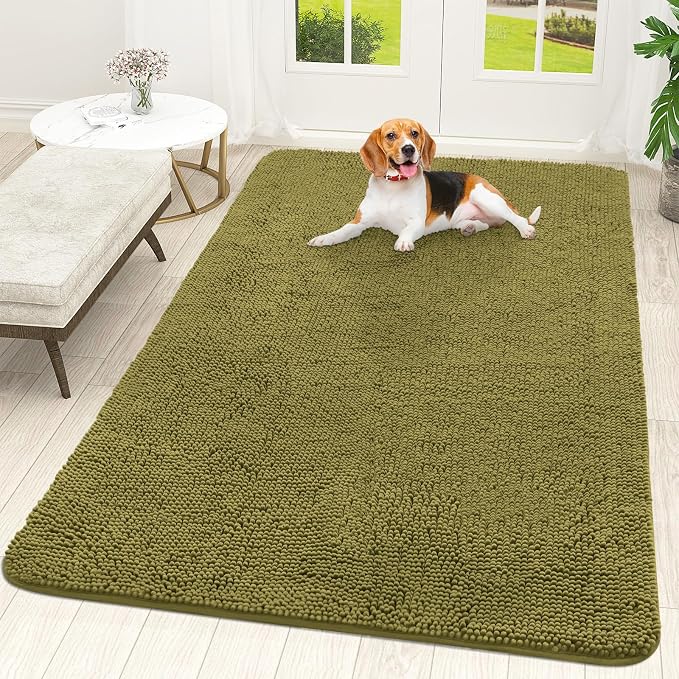 OLANLY Dog Door Mat for Muddy Paws 70x46, Absorbs Moisture and Dirt, Absorbent Non-Slip Washable Doormat, Quick Dry Chenille Mud Mat, Entry Indoor Entryway Carpet for Inside Floor, Willow Green