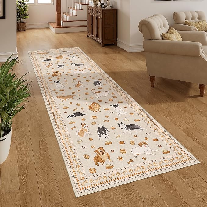 DUKINO 2.6x8 Washable Runner Rug for Hallway, Non Slip Animal Dog Kitchen Rug with Low Pile Design, Soft Stain Resistant Indoor Carpert Runner for Entryway, Bedroom, Laundry, Bathroom, Beige Yellow