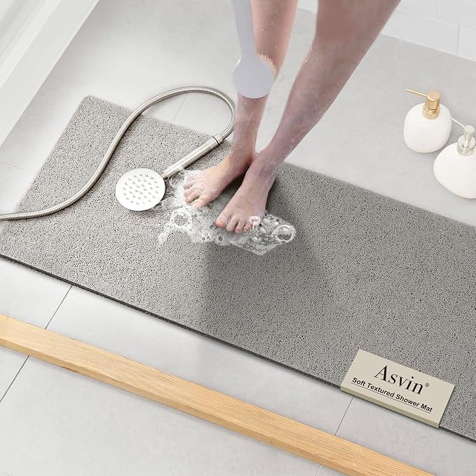 Asvin Soft Textured Bath, Shower, Tub Mat, 47x16 Inch, Phthalate Free, Non Slip Comfort Bathtub Mats with Drain, PVC Loofah Bathroom Mats for Wet Areas, Quick Drying