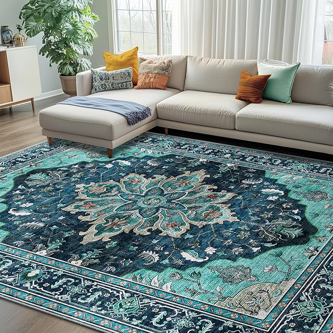 RELEANY Area Rugs 7'x10' Washable Non-Slip, Floral Vintage Distress Medallion Carpet for Living Room Bedroom Dining Room, Teal Green Lake Blue Turquoise