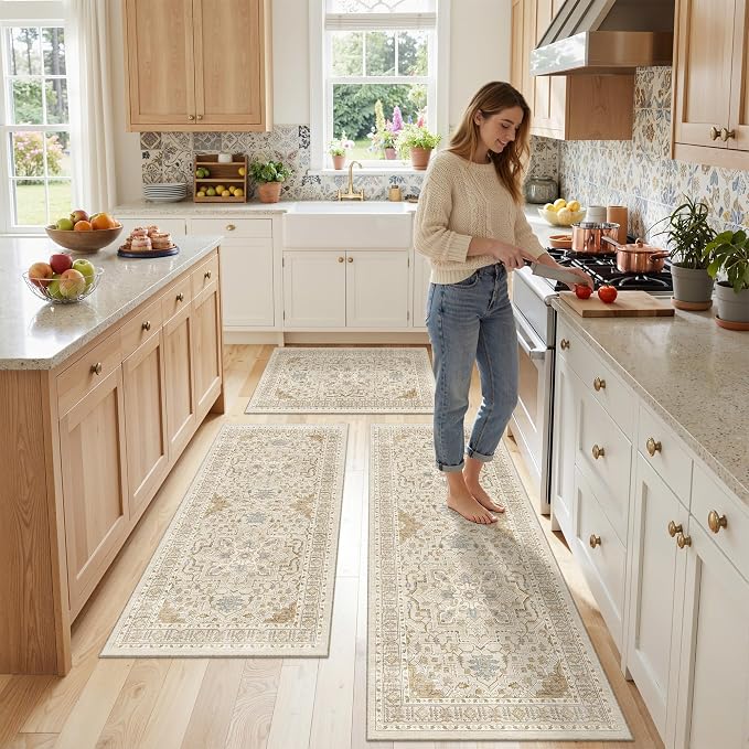 Madane Washable Kitchen Rug Set of 3, Small Area Rug Non-Slip Vintage Entryway Door Mat Indoor Entrance, Low Pile Floor Carpet Runner for Inside Front Door Entry Laundry (2x3+2x4+2x5, Beige/Blue)