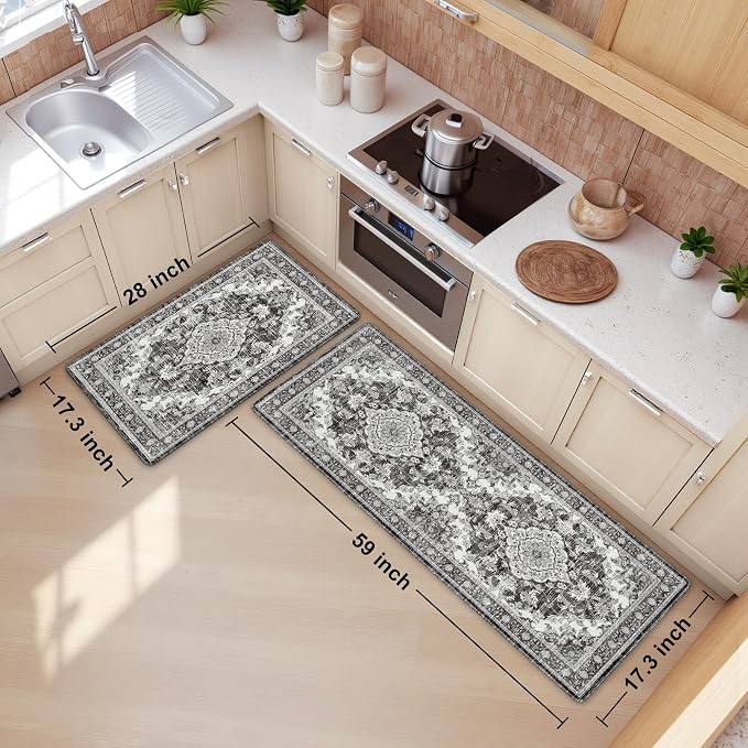 Boho Kitchen Mats for Floor 2 Piece Set Anti Fatigue Cushioned PVC Kitchen Rugs Non Slip Waterproof Farmhouse Mats 2/5 Inch Comfort Standing Mat for Sink, Laundry, 17.3"x59"+17.3"x28", Grey